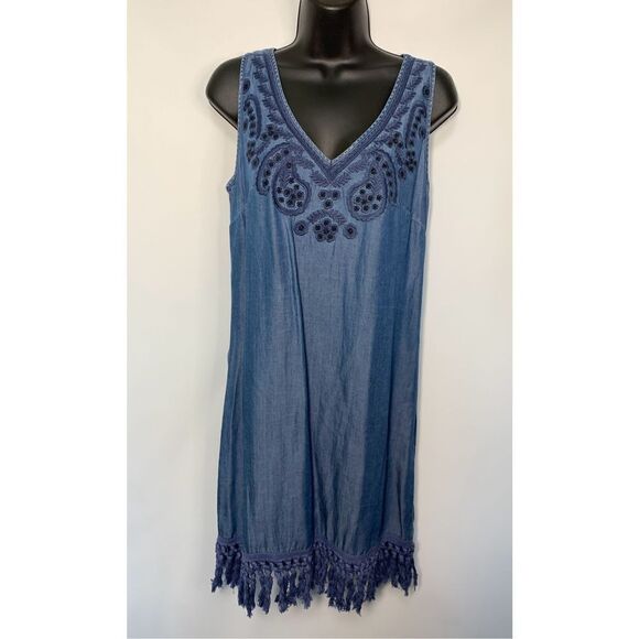 Beige By ECI Sleeveless Embroidered With Fringe Chambray Denim Dress Blue Small - Picture 1 of 7